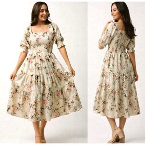 Baltic Born Fabian Jacquard Formal Midi Dress in Morning Bloom Cream/Pink Sz XL